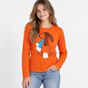 Hanna Anderson Top Long Sleeve Girl 14y/160cm Orange Bunny Rabbit Graphic Cotton